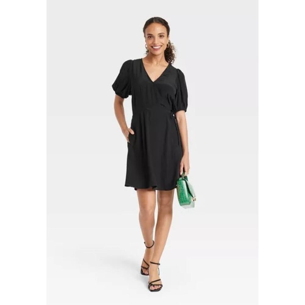 A New Day Black Balloon Sleeve Faux Wrap Mini Dress X-Small